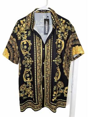 JOZORRO Men's Black and Gold Baroque Print Short Sleeve Button Front Shirt